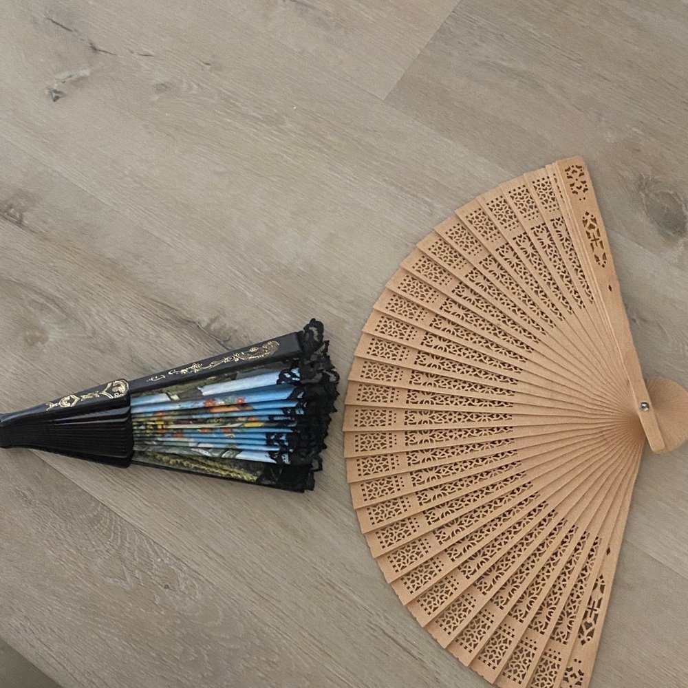 2 Decorative Hand Fans - Black & Natural Wood